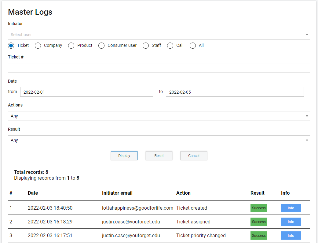 screenshot of the help desk software's log viewer